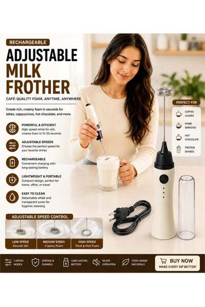 DubaiGallery Adjustable Rechargeable Milk Frother with 3 Speed Settings, USB ...
