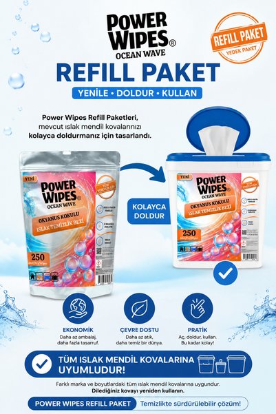 Power Wipes Ocean Scented Wet Wipes 500 Sheets (250) Bucket + (250) Refill Pack Multi-Purpose for All Surfaces