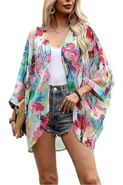 GENERAL أولرين كيمونو كاجوال واسع للنساء بطبعة زهور من الشيفون الشفاف بأكمام ...