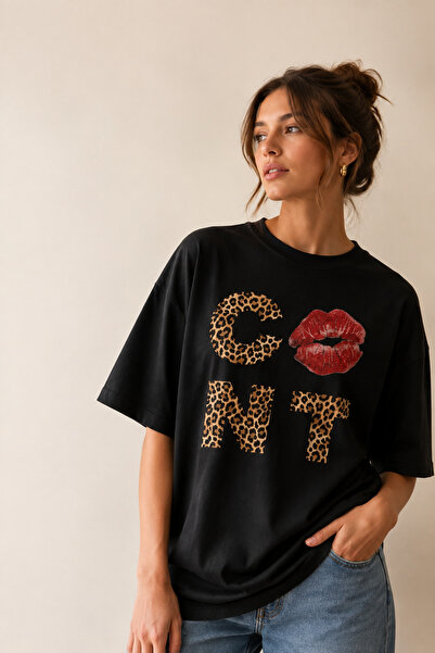 Duzor Unisex Short Sleeve Black T-Shirt Lip Print Leopard Party Club Beach Se...