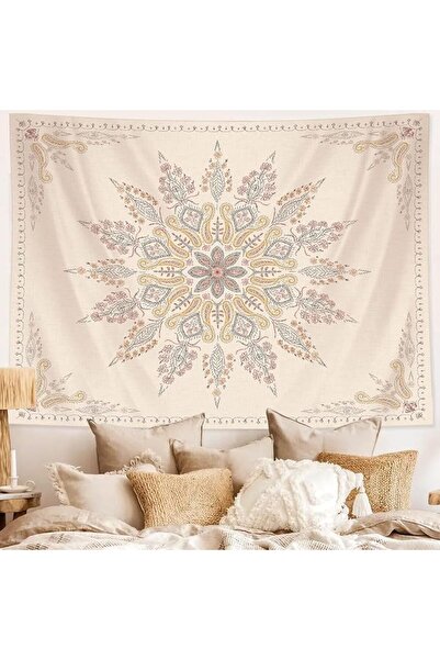Neasow Bohemian Tapestry Wall Hanging, Beige White Floral Tapestry with Medal...