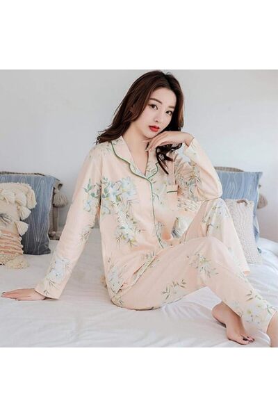 GENERAL Women'S Pajamas Cotton Pajama Set Long Sleeve Top + Pants