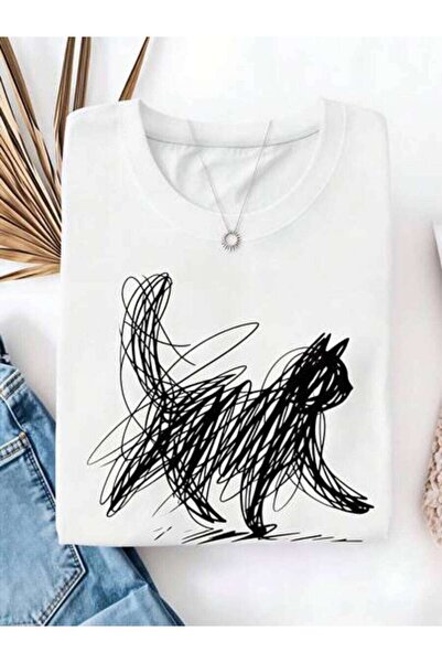23ERVA Cute Sketch, Women's Abstract Animal Design, Pure Cotton T-Shirt, Casu...