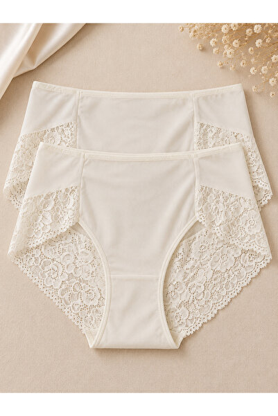 QUEENELA Women's Cream Lace High Waist Panties 2-Pack – Comfortable Panties w...