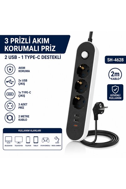 AŞIK STORE SH-4628 3’lü Akım Korumalı Priz 2 USB + 1 Type-C Çıkışlı 2 Metre Kablolu Anahtarlı Topraklı Çoklu Grup Priz