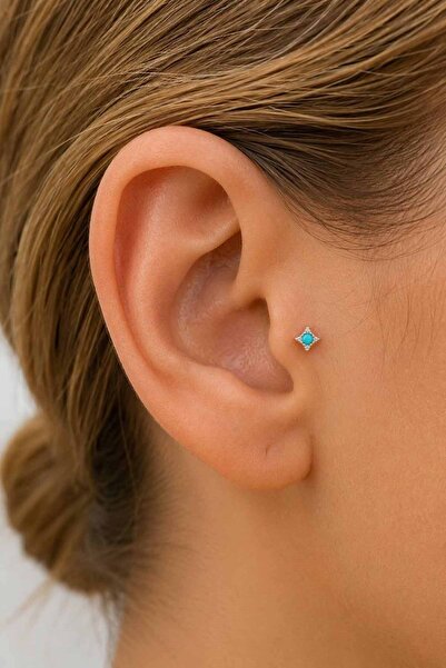 TAKIŞTIR Gümüş Renk Mavi Taşlı Cerrahi Çelik Tragus/Kıkırdak Küpe/Piercing (Tek)