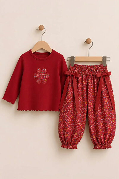 Minigimin Cicileri Vintage Floral Patterned Shalwar Set for Girls - Red