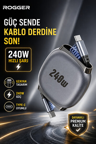 ROGGER 240W Type-C to Type-C Hızlı Şarj Kablosu – 1 Metre Geri Çekilebilir, 4...