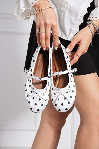 dabab shoes Penelop Women's White Satin Polka Dot Bow Detailed Adjustable Buc...