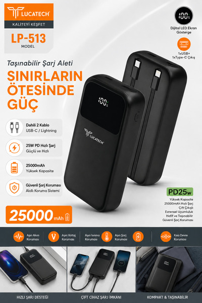 Genel Markalar Lucatech LP-513 25000mAh Powerbank 25W PD Hızlı Şarj Dijital E...