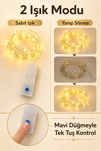 ALFAGİFT 4 Adet 315 cm Pilli Peri LED Sıcak Sarı Işık 2 Modlu Esnek Gümüş Tel Dekoratif Perde LED Aydınlatma