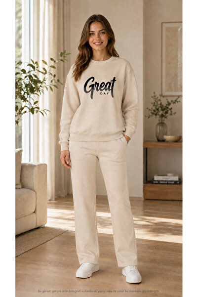 TREND EMMODA Women's Great Day Written Sweatpants Set/Round Neck Sweatshirt a...