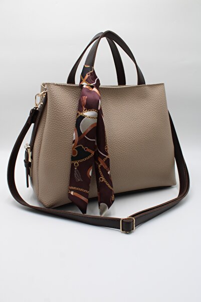 LASSO Women's Beige Brown Large Size Inner Pocket Double Handle Scarf Detaile...