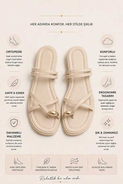 Çizmeli Kedi Ring Detailed Toe-Toe Flip Flops Orthopedic Flat Sole Daily Comf...