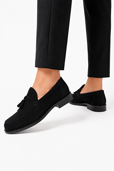 By Sabit Unisex Siyah Püsküllü Corcik Loafer Ayakkabı Bağcıksız Klasik Günlük...