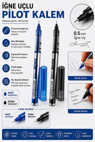 Artlantis Siyah ve Mavi Pilot Kalem İğne Uçlu 2 Adet Stilo Pilot Kalem 0.5mm İnce Uçlu Pilot Kalem Likit Mürek