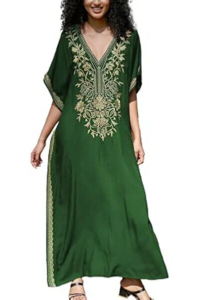 YouKD Embroidered Floral Kaftan Bohemian Beach Dress Bikini Coverups Long Bat...