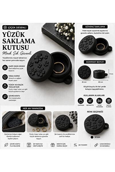 Çiçek Desenli Mini Yüzük Saklama Kutusu Siyah – Vidalı Kapaklı Takı Kutusu
