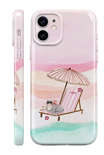 WANNA PROTECT iPhone 11 Beach Cat Protect Slim Parlak Tam Kaplayan Baskı Kame...
