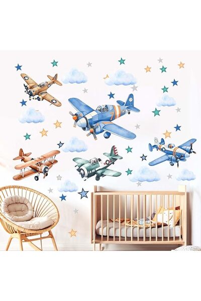 Amimagen Airplane Wall Stickers for Boys Kids: Peel and Stick Cloud Star Airc...