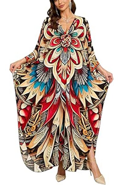 YouKD Summer Long Kaftan Dress Bohemian Roomy Beach Robe Cover Up Plus Size D...