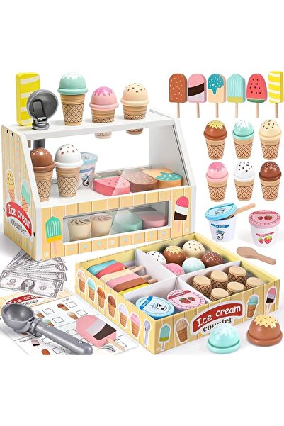 Soofam Wooden Ice Cream Counter Playset for Toddler, Play Store Pretend Toy F...