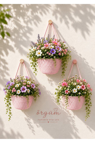 ÖRGÜM Basket 3-Piece Mini Basket Organizer (Plants and Wooden Hangers Are Not...