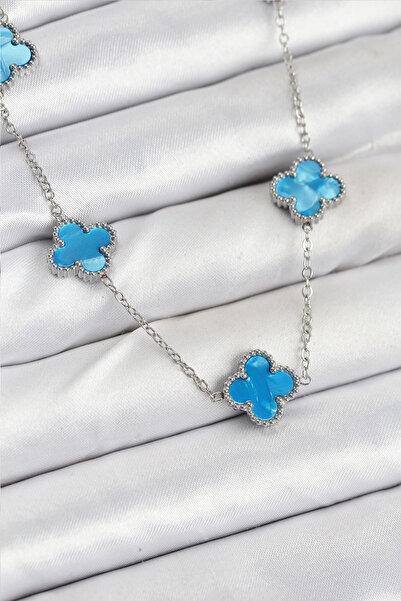SORA GROUP 316L Steel Chain Silver Ice Blue Color Clover Women Necklace