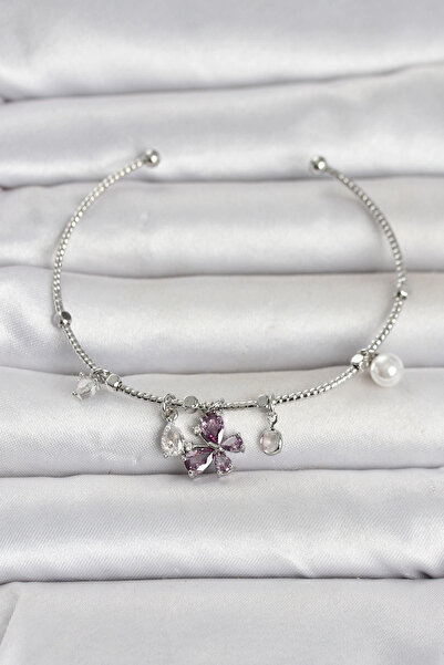 SORA GROUP Brass Silver Color Purple Butterfly Detailed Charm Women's Bracelet