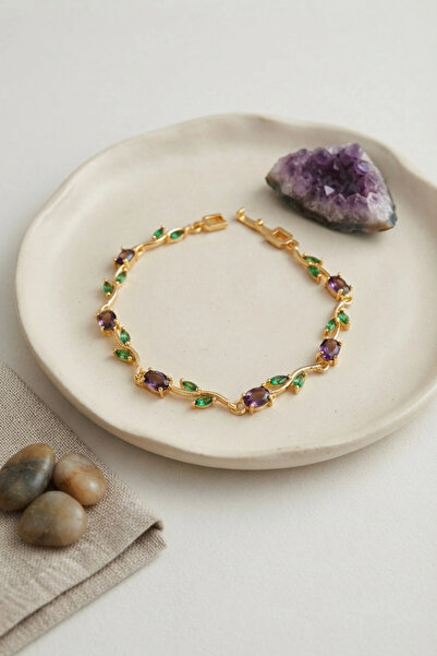 SORA GROUP Purple Zircon Stone Flower Model Gold Brass Women's Bracelet