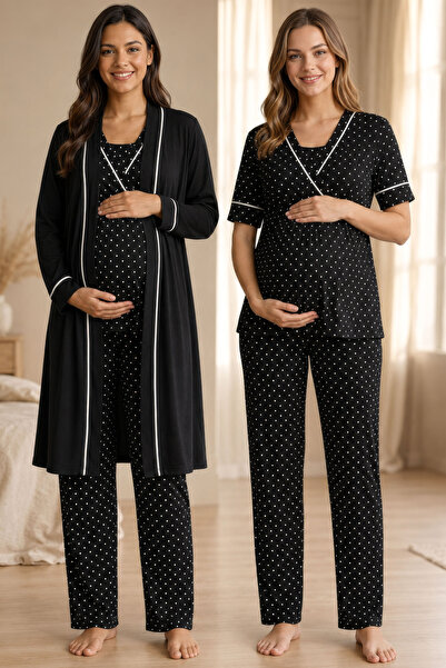 ByLohusa Polka Dot Maternity Pajama Set with Nursing Feature and Robe Effortt...