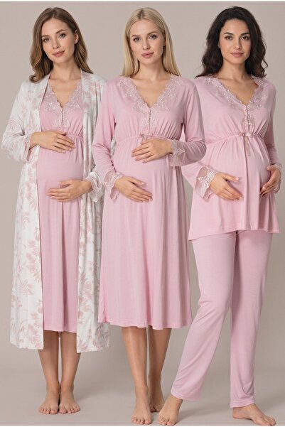 LOHOUSE Women's Powder Patterned Lace Long Sleeve Dressing Gown Maternity Nig...