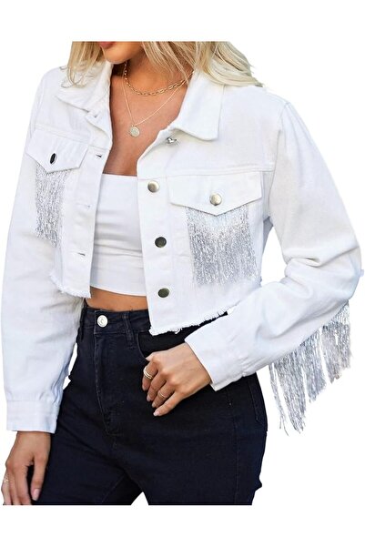 Generic Women’s Crop Denim Jacket Tassel Casual Jean Coat with Fringe Cowgirl...