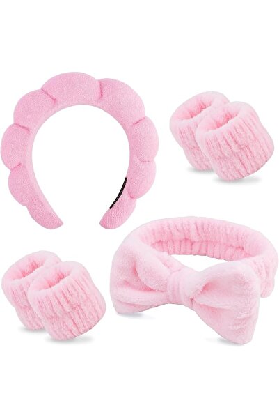 X SPRING 4-Pack Pink Terry Cloth Spa Headband Set with Wristbands, Cute Bow D...