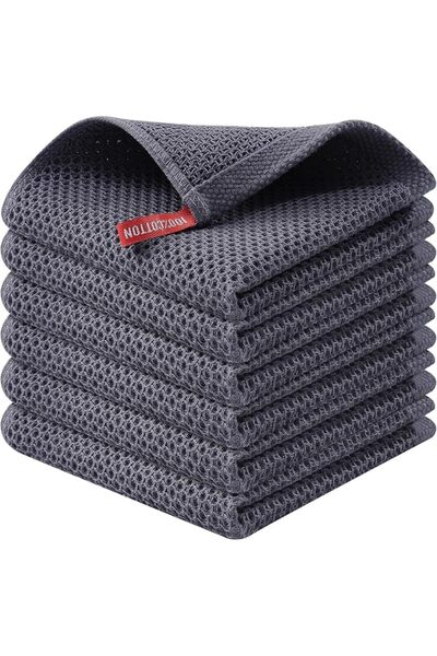 Yelajoy 6 Pcs Dark Gray Waffle Kitchen Dish Cloths with Hook, 100% Cotton Sup...