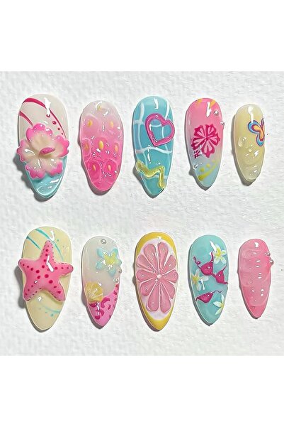 Tazweeq 30pcs Summer Press on Nails, Medium Almond, with 3D Flower Starfish D...