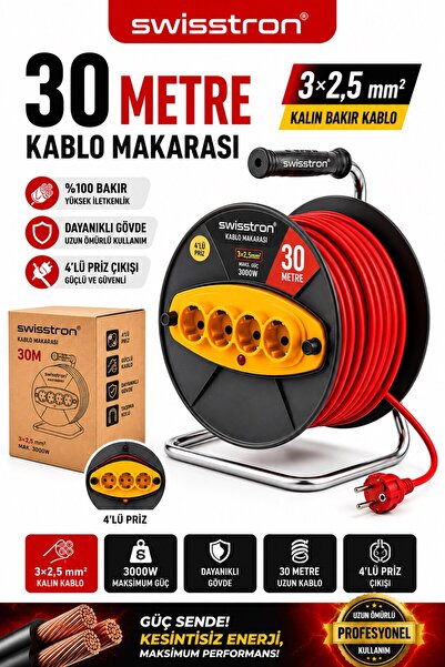 SwissTron 30 Metre Profesyonel Makaralı Uzatma Kablosu | 3x2,5 mm² | 4 Prizli Bakır Sargılı Çok Yönlü Kullanım