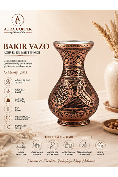 AURA COPPER El İşlemeli Eskitme Desenli Bakır Vazo 23 cm – El İşçiliği Dekora...