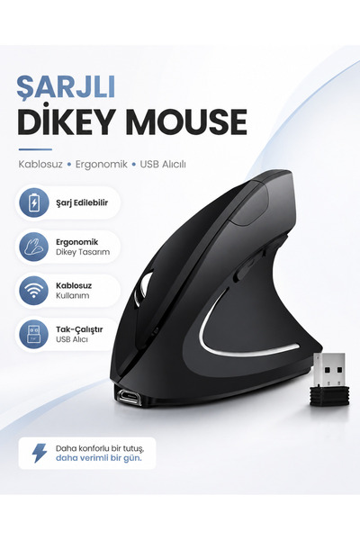 Exonix Şarjlı Kablosuz Dikey Mouse – Ergonomik USB Alıcılı Mouse