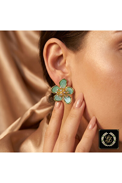 JEWELRY Vıp Seri 316L Çelik Gold Renk Açık Turkuaz Mineli ve Zirkon Taşlı Çiç...