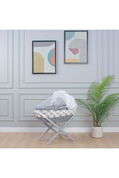 My Baby Gray Bamboo Moses Basket with Off-White Braided Upholstery and Gray F...
