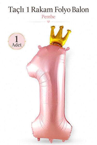 Organizasyon Pazarı 1 Year Old Crowned Pink Foil Balloon Birthday Foil Balloo...