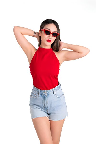 MOVİMENT Red Fitted Halter Neck Blouse |   Paper Touch Knitted Fabric with Ga...