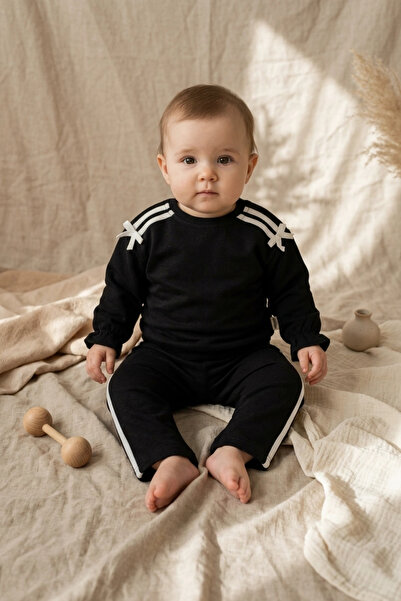 ciciben Black and White Striped Ribbon Detailed Cotton Tracksuit Set for Baby...