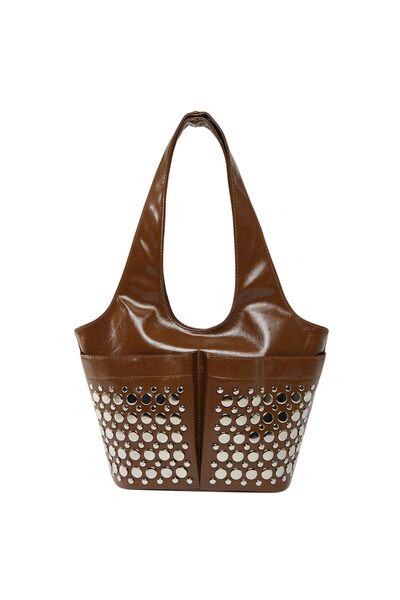 bag Μεγάλη Τσάντα Ώμου Hobo από Δερματίνη με Καρφιά, Vintage – Καφέ