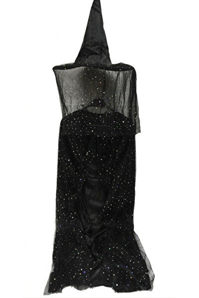 NET MARKET Halloween Siyah Cadı Pelerin ve Şapka Seti 120 cm - İşıltılı Yıldı...