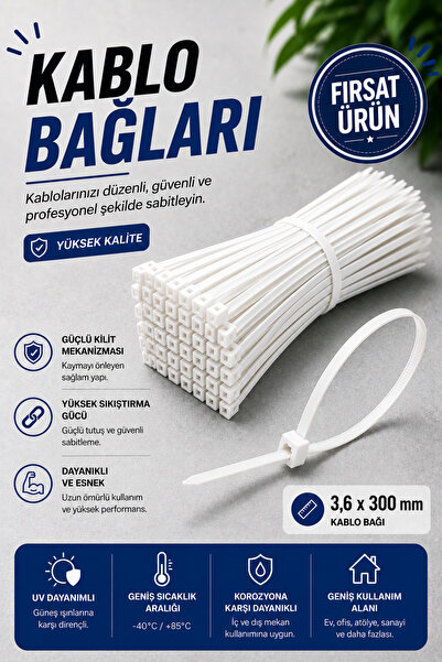 NEXTRA 3.6x300 mm Kablo Bağı - Beyaz Cırt Kelepçe - Plastik Kelepçe (25 Adet)