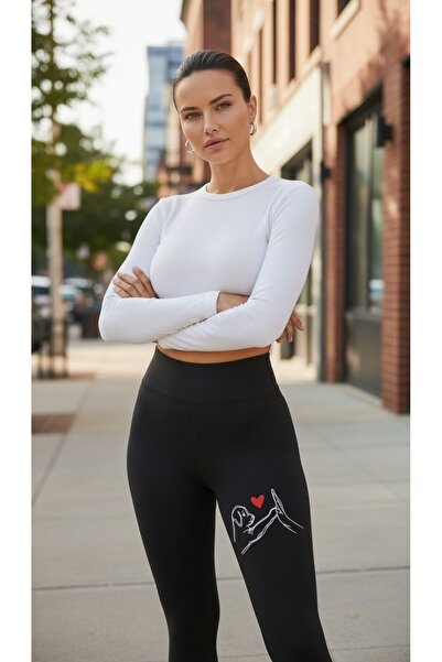 buzaa Women's Black High Waist Dog Paw Print Red Heart Printed Sports Leggings