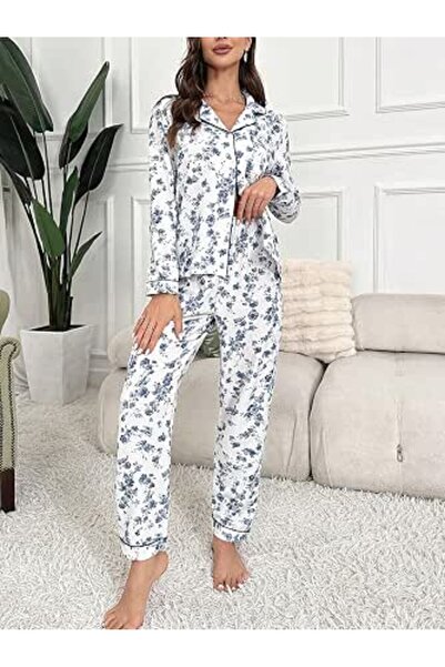 Women's Pajamas Set Soft Comfortable Sleepwear Floral Print Nightwear Long Sl...