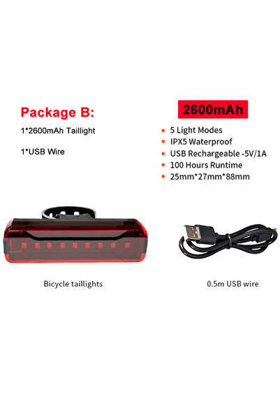 Choice1 2600mAh 6-100 Hours Bicycle Rear Light Bike Tail Light USB Rechargeab...